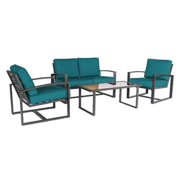 Leisure Made Jasper 4-Piece Aluminum Patio Conversation Set with Peacock Polyester Cushions