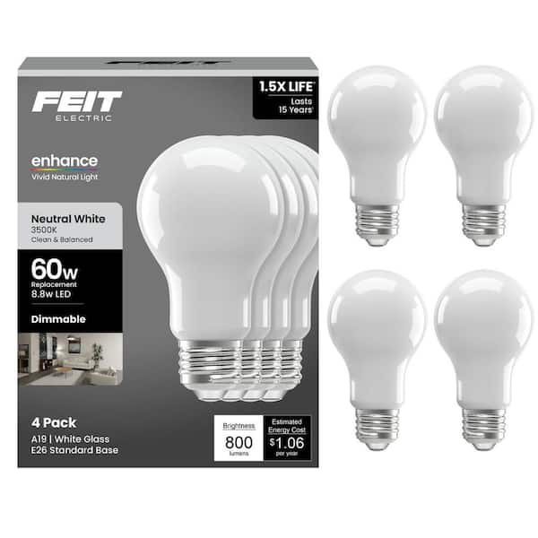 60-Watt Equivalent A19 Dimmable Filament CEC 90+ CRI Frost Glass E26 Medium LED Light Bulb, Natural White 3500K (4-Pack)