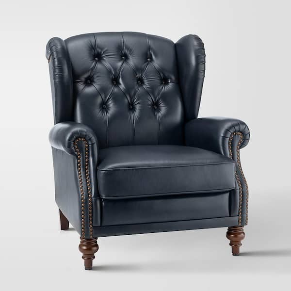 JAYDEN CREATION Pablo Navy 33 in. Wide Genuine Leather Arm Chair with Solid Tapered Wood Legs and Classic Wingback Design