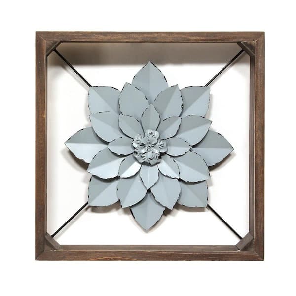 15.75 in. Dark Walnut, Blue Pale Blue Metal Flower in Walnut Frame