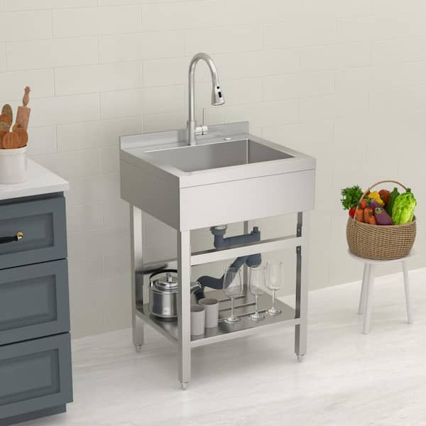 24 in. Freestanding Sink Stainless Steel 1-Compartment Commercial Laundry/Utility Sink with Pull-Out Faucet for Kitchen