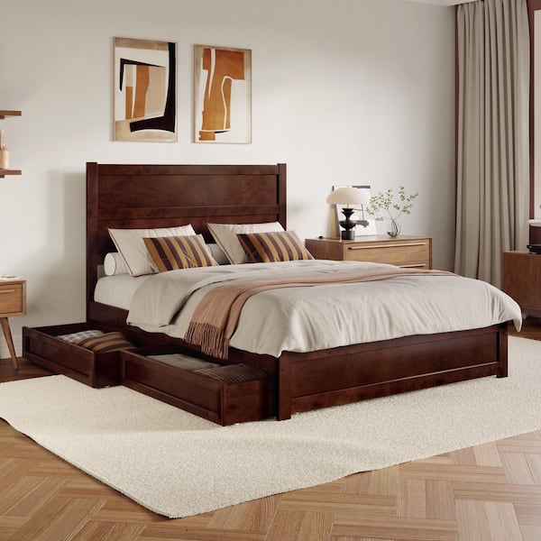 Aveline Walnut Brown Wood Frame Queen Platform Bed with Matching Footboard and Storage Drawers