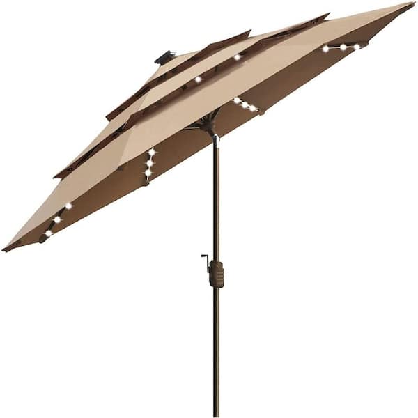 Terracemaster 10-Year-Non-Fading Sunumbrella Solar 9 ft. 3-Tiers Market Umbrella with 80 LED Lights Patio Umbrellas HBeige