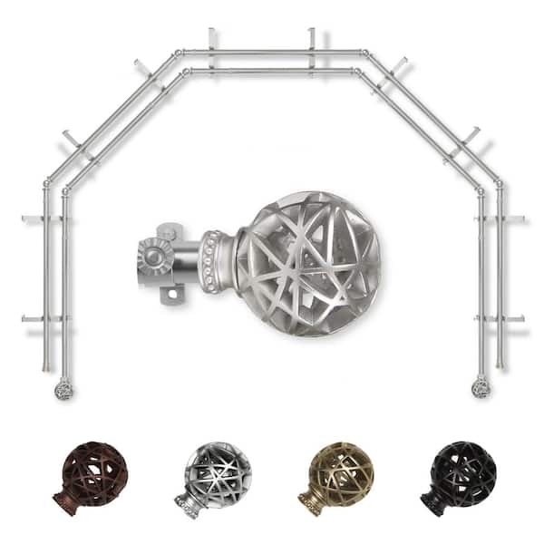 EMOH 13/16" Dia Adjustable 5-Sided Double Bay Window Curtain Rod 28 to 48" (each side) with London Finials in Satin Nickel