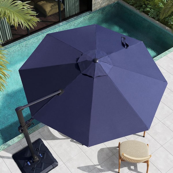 Pellebant 10 ft. Round Aluminum Heavy-Duty 360° Rotation Cantilever Patio Umbrella in Navy Blue with Base Stand Weights