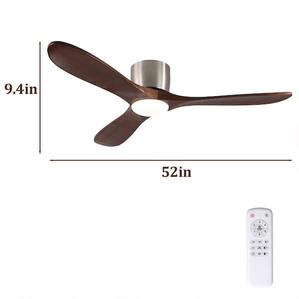 52 in. Nickel Indoor Standard Flush Mount Ceiling Fan with Light, Walnut Wood Blades Reversible Fan for Patio Bedroom