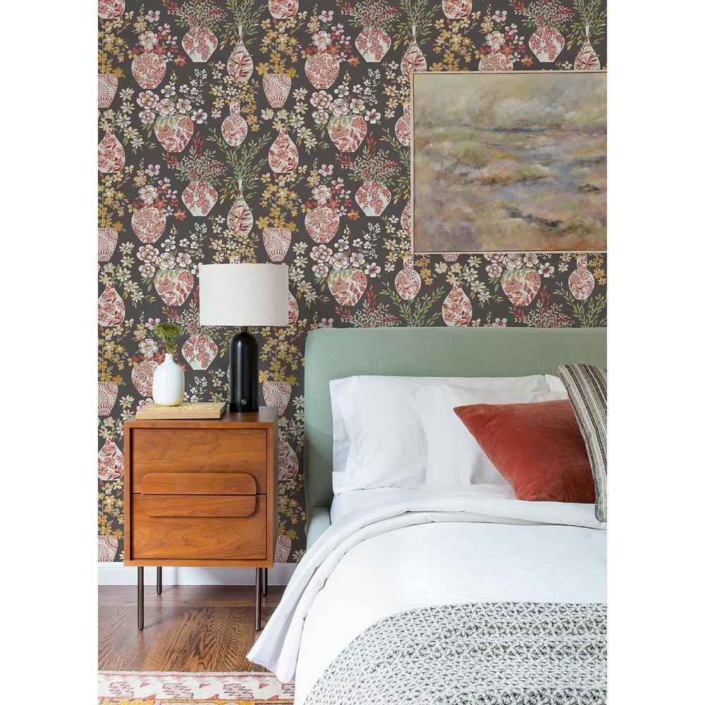 Harper Brown Floral Vase Non-Pasted Washable Wallpaper Roll