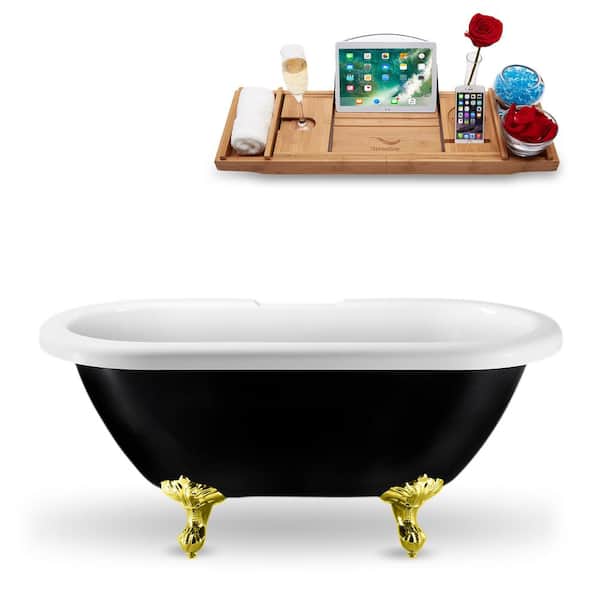 Streamline 59 in. Acrylic Clawfoot Non-Whirlpool Bathtub in Glossy Black with Polished Gold Drain And Polished Gold Clawfeet
