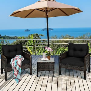 3-Piece Outdoor Rattan Conversation Set Patio Garden Cushioned Sofa Chair Black