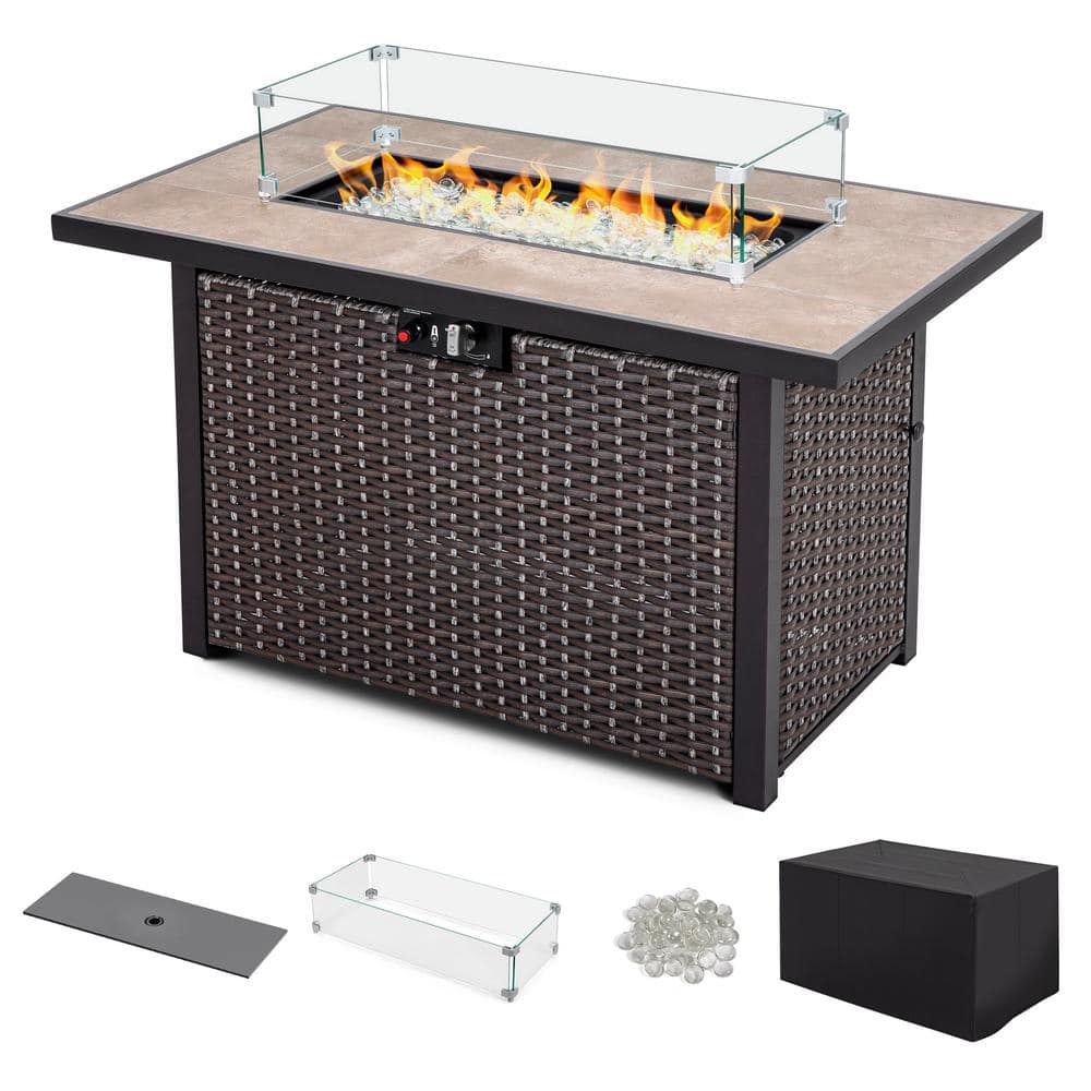 Brown Ceramic Top Gas Fire Pit Table with Wind Guard