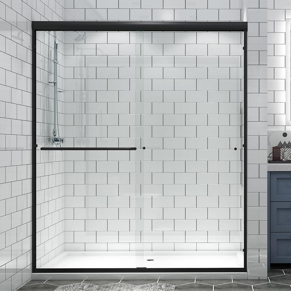 60" Matte Black Sliding Shower Door with Clear Glass