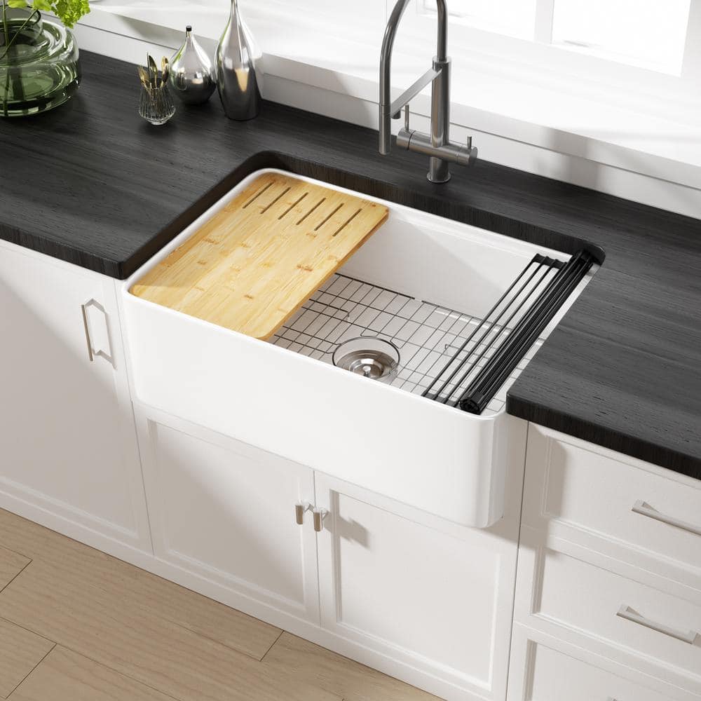 Yorkshire 30" White Fireclay Farmhouse Kitchen Sink with Accessories