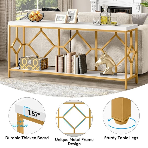 BYBLIGHT Turrella 70.9 in. Gold White Wood Long Console Table