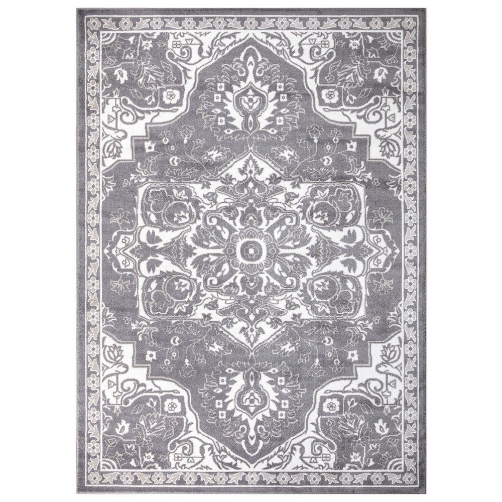 Gray Rectangular Medallion Synthetic Easy Care Area Rug