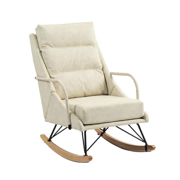 HOMEFUN Modern Beige Leather Upholstered Glider Rocking Chair with Padded Seat and High Backrest