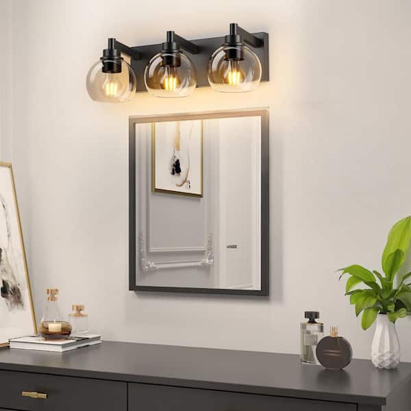 19 in. 3 Light Black Vanity Light with Clear Glass Shades