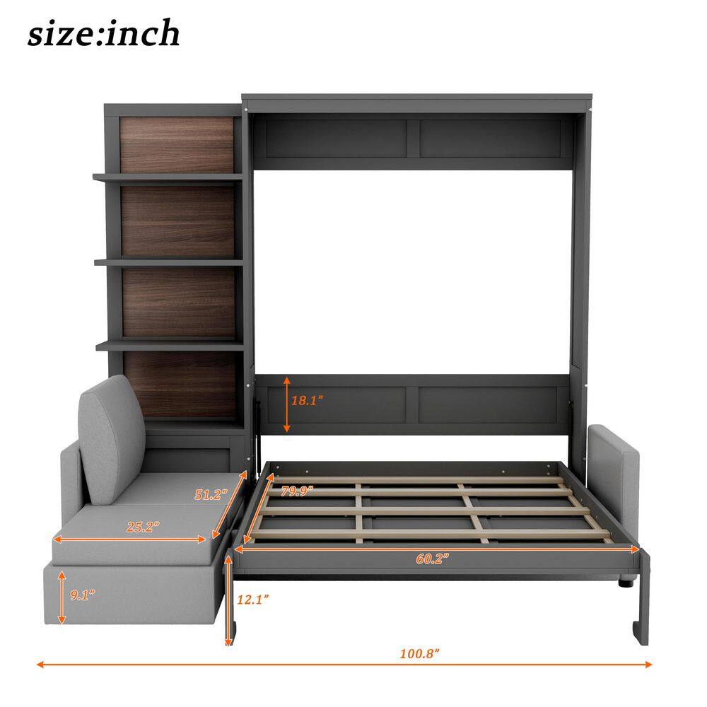 Gray Wood Frame Queen Size Murphy Bed Wall Bed with Sofa and Shelves - thumbnail 3
