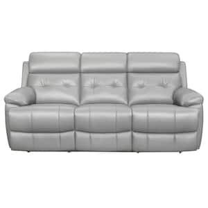 Oswald 84 in. W Flared Arm Leather Straight Double Reclining Sofa in Silver Gray
