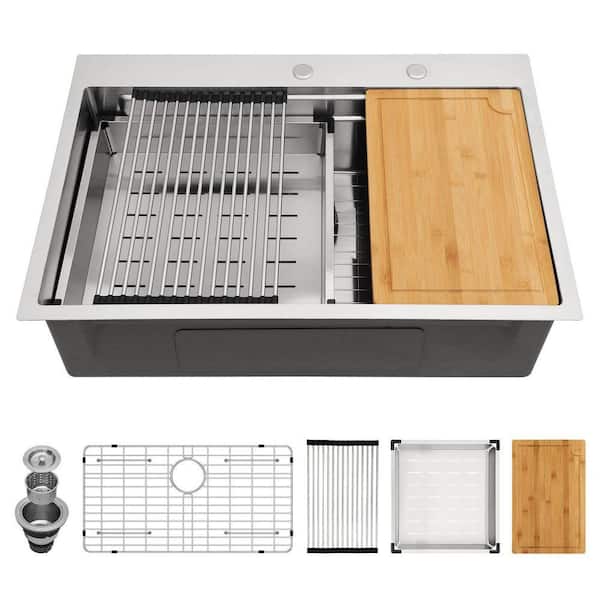 33 in. Drop-in Single Bowl 16-Gauge Stainless Steel Workstation Kitchen Sink with Bottom Grids, 2-Tiered Track