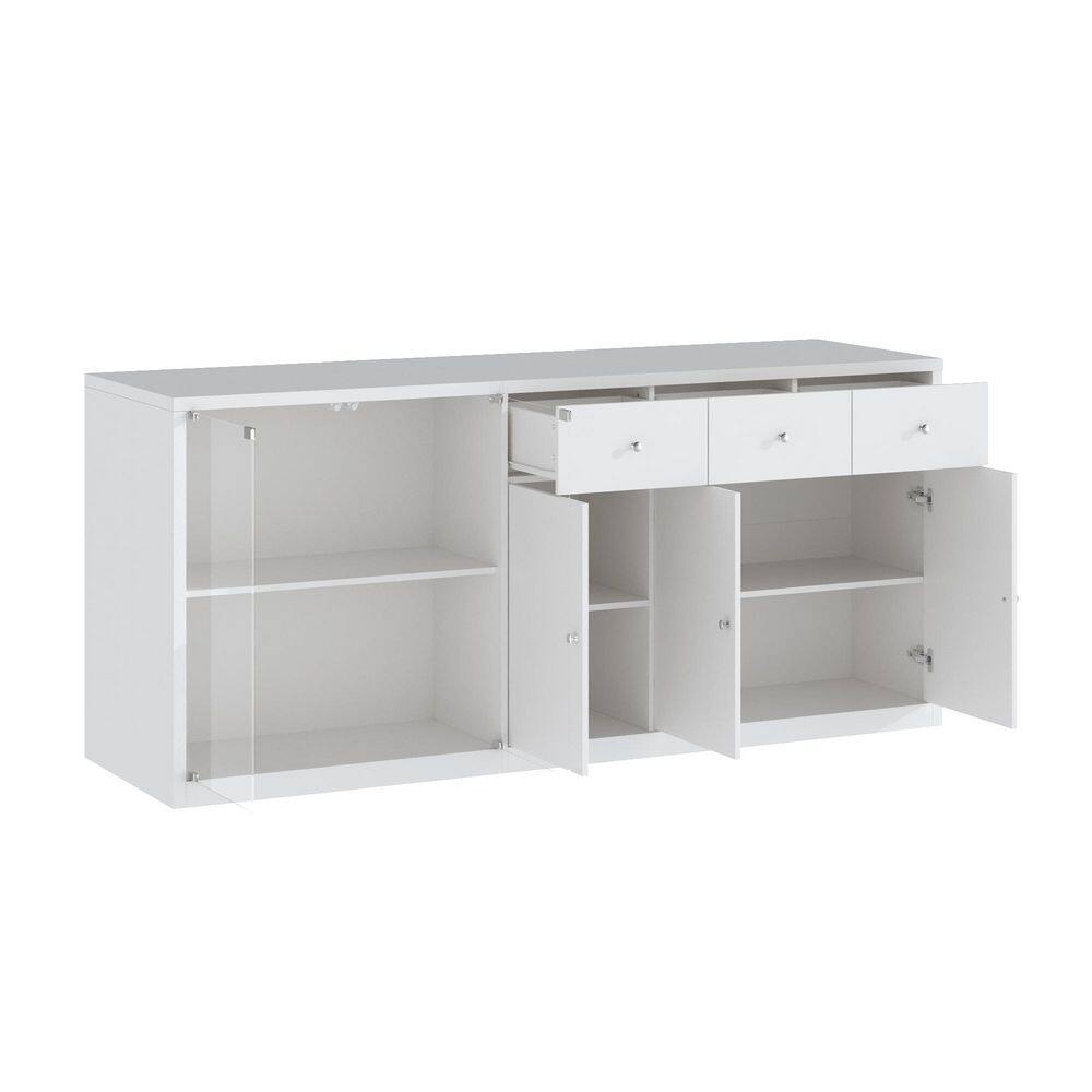 White Wood 78.7 in. Kitchen Island with 3 Drawers, Glass Doors, Closed Cabinets, Modern Dining Table with Shelves