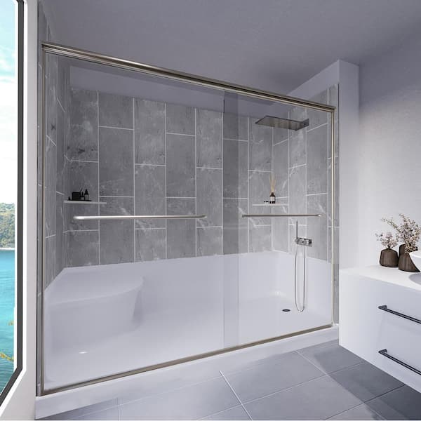 NuVo Platinum Grey-Rainier 60 in. x 32 in. x 83 in. Base/Wall/Door Seated Base Alcove Shower Stall/Kit Brushed Nickel Right