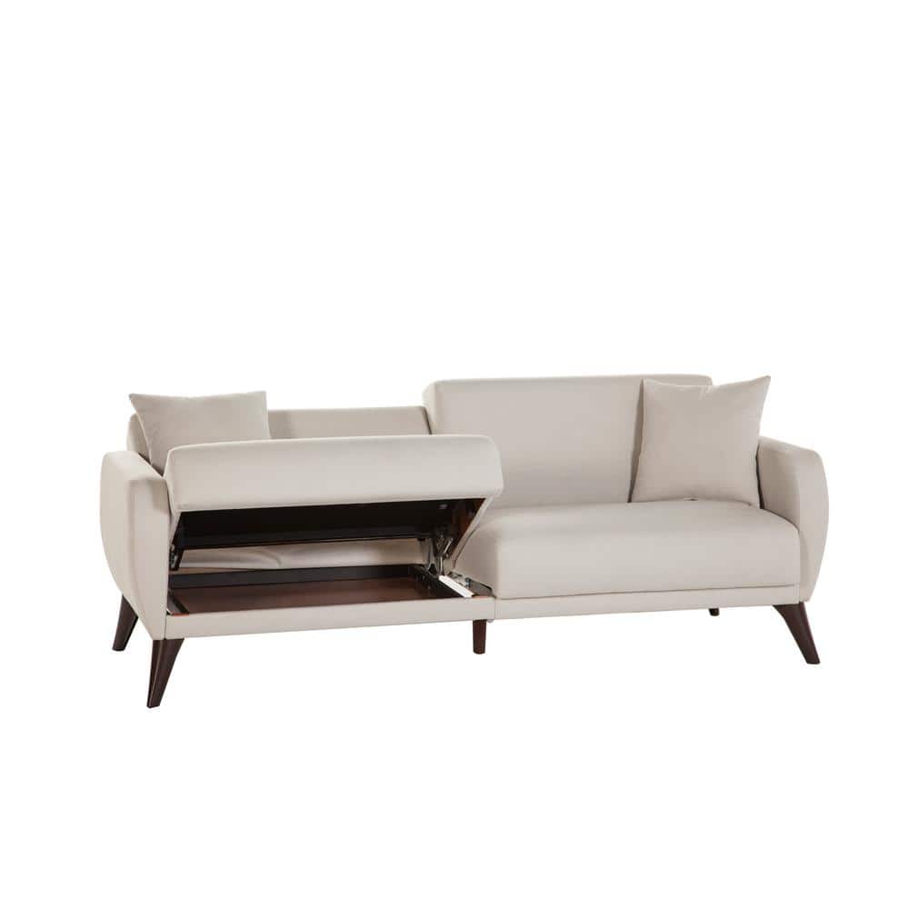 Beige Twin Fabric Sectional with Storage and Rolled Arms