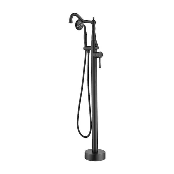 Single Handle Floor Mount Bathtub Faucet Freestanding Tub Filler Standing Shower Faucets with Handheld Shower in Black