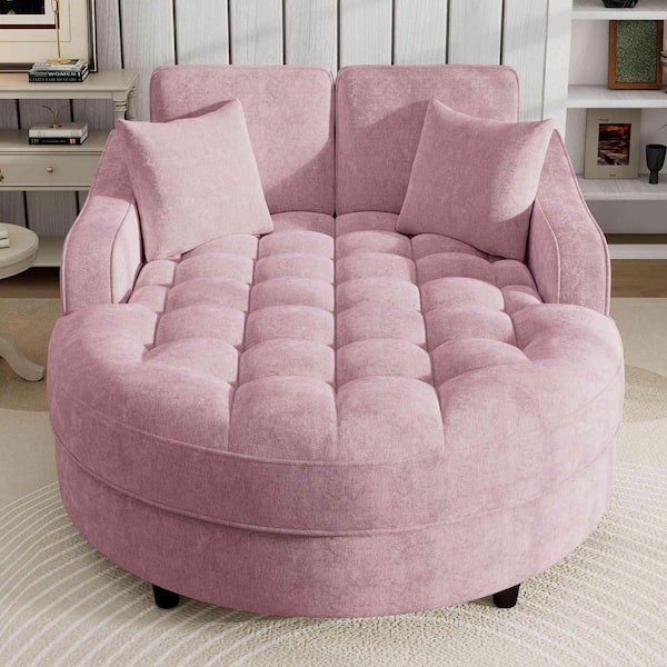 55 in. Rolled Arm Chenille Rectangle with Tufted Seat and Detachable Pillows Sofa in Pink