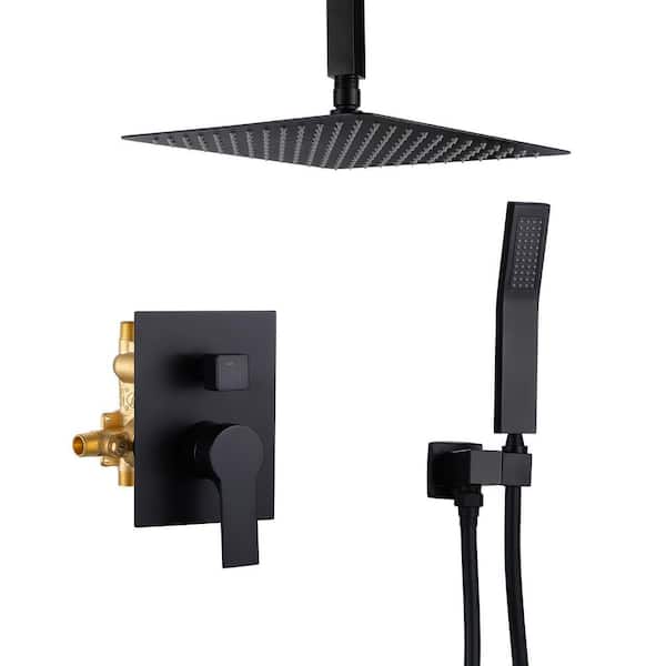 Satico Single-Handle 2-Spray 12 in. Ceiling Mount Shower Heads with Hand Shower Faucet in Black(Valve Included)