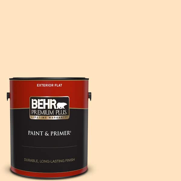 BEHR PREMIUM PLUS 1 gal. #320C-2 Cream Yellow Flat Exterior Paint & Primer