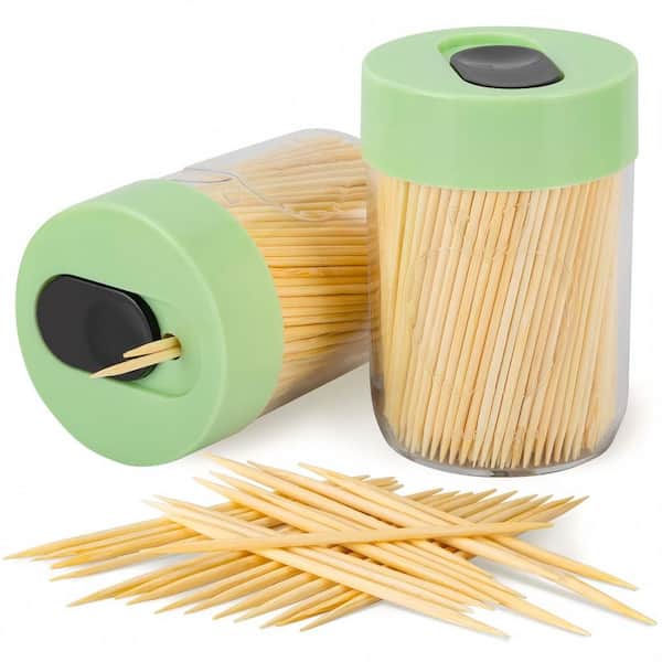 Toothpick Holder with Sturdy Safe, 800 Natural Wood Toothpicks for Teeth Cleaning, Unique Home Decoration, Green(2-Pack)