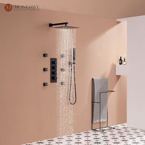 Luxury 3-Spray Patterns Thermostatic 12 in. Wall Mount Rainfall Dual Shower Heads with 6-Body Spray in Matte Black