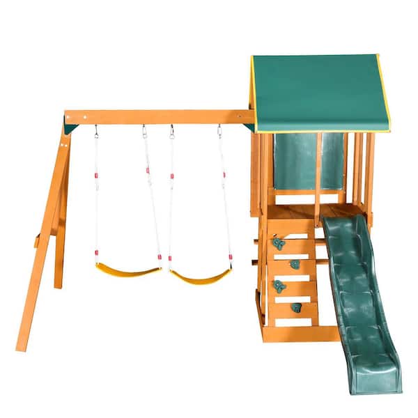 3 in 1-Green Wooden Swing Playset with Climbing Rock Wall and Slide