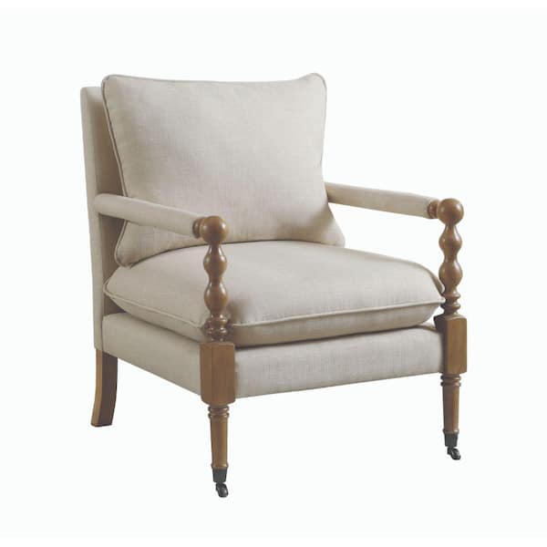 Benjara Beige and Brown with Manchette Armrest Fabric Upholstered Wooden Accent Chair