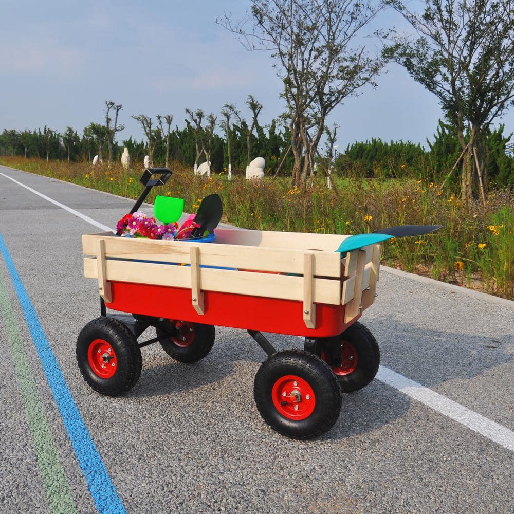 3 cu.ft. Red Metal Outdoor Wagon All Terrain Pulling Railing Air Tires Chil