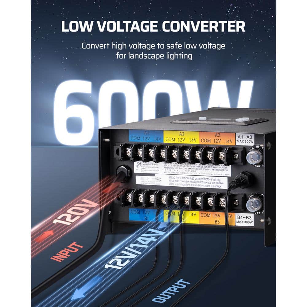 600W Black Waterproof Low Voltage Landscape Transformer with Timer