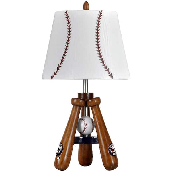 StyleCraft 25 in. Stained Wood Table Lamp with White Baseball Print Hardback Fabric Shade