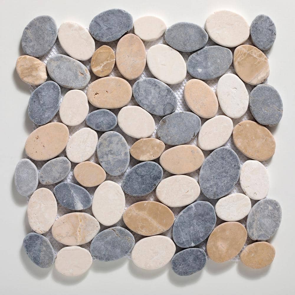 Natural Stone Pebble Mosaic Tile in Tan, White, and Gray