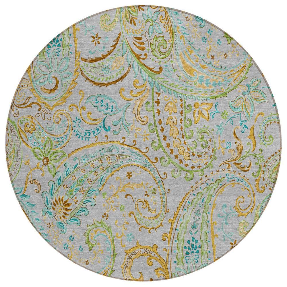 Gray and Gold 8 ft. Round Woven Paisley Polyester Round Indoor/Outdoor Area Rug price history on PriceWatchPro