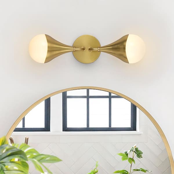 HUOKU Dropwater 18.3 in. W 2-Light Aged Brass Gold with Glossy Glass Vanity Light Wall Sconce