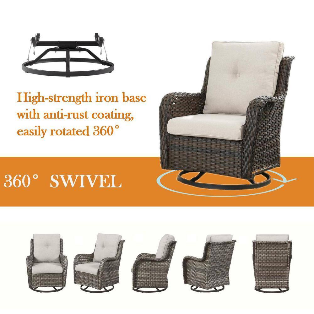 Brown Wicker Swivel Glider Club Chairs with Beige Cushions