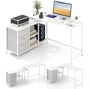 55 in. L-Shaped White 3-Drawer and Shelves Convertible Home Office Computer Desk with Charging Station