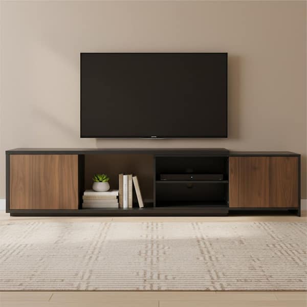 Isaac Walnut/Black TV Stand  Fits TVs up to 62.2 to 85.8 in.with Expandable Design,Soft-Close Hinges,Cable Ports