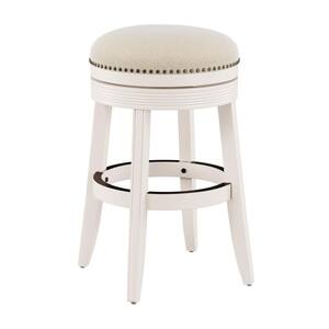 Tillman 29.5 in. White Backless Wood 29.5 in. Barstool with Light Beige Fabric Seat and Nailhead Trim