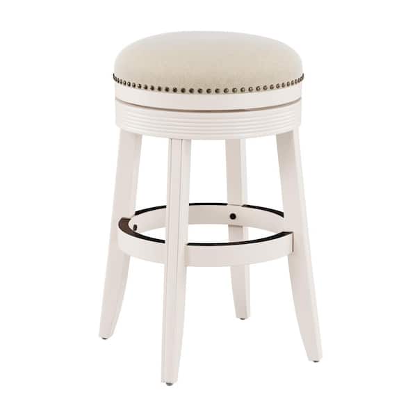 Hillsdale Furniture Tillman 29.5 in. White Backless Wood 29.5 in. Barstool with Light Beige Fabric Seat and Nailhead Trim