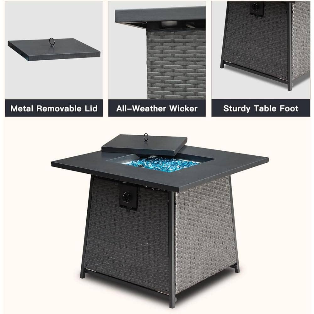 32" Black Steel Propane Gas Fire Pit Table with Wicker Base