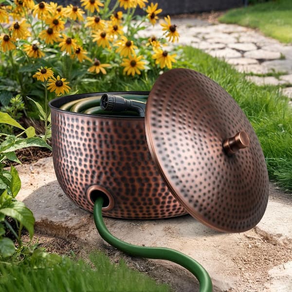 Hand Hammered Garden Hose Holder Pot with Lid, Antique Copper