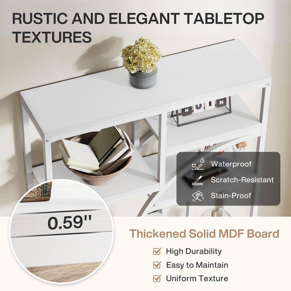 Close-up of the white MDF board shelf showing its thickness and surface texture.