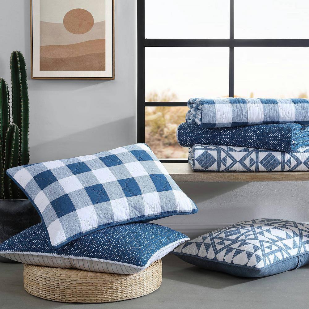 King Blue Cotton Reversible Quilt Set with Shams