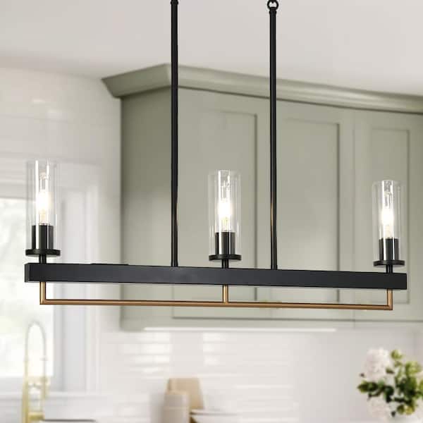 Zevni Yehudis Modern Industrial 3-light Black Linear Island Pendant Light with Clear Cylinder Glass Shade for Dining Room